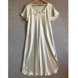 Vintage Blanche Slip Gown Dress Large Satin Floral Embroidery Green Union 70s